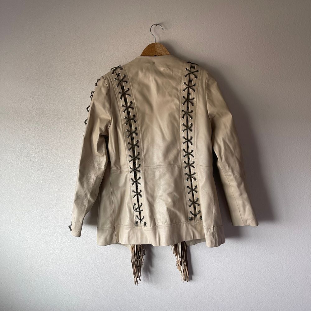 Vintage Lew Magram Collection White Fringe Western Pig Nappa Leather Jacket - Picture 6 of 12